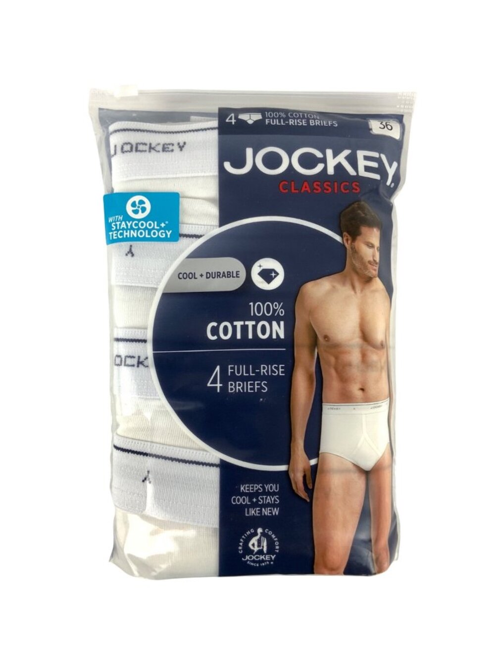 Jockey Classics Mens Cotton Full-Rise Briefs 4-Pack Size 36 White